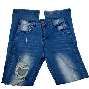 Distressed Juniors Large Flare Leg Jeans With Frayed Holes and Faded Accents